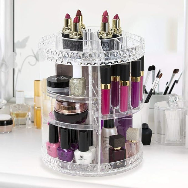 360° Rotating Crystal Makeup Organizer | Adjustable Cosmetic Display Stand Box, Makeup Storage For Vanity Bedroom & Bathroom – Big Size